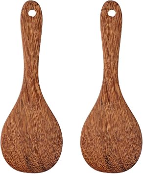 2 Pack Wooden Rice Spoon Rice Cooker Spatula Utensils Wood Rice Paddle Non Stick Rice Spatula Kitchen Cooking Salad Tongs Rice Serving Spoon Set
