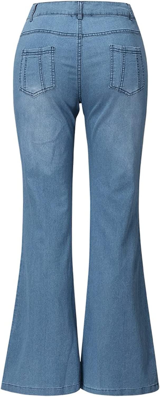 XKBHYD Ladies Embroidered Jeans Womens Wide Leg Bell Bottom Denim Pants Vintage Stretch Butt Lifting Washed Jeans