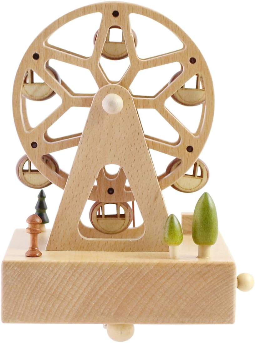 Cute Quality Made Wooden Musical Box Featuring Ferris Wheel With Small Swinging Cabins | Plays "Castle in The Sky Song" | Square Base