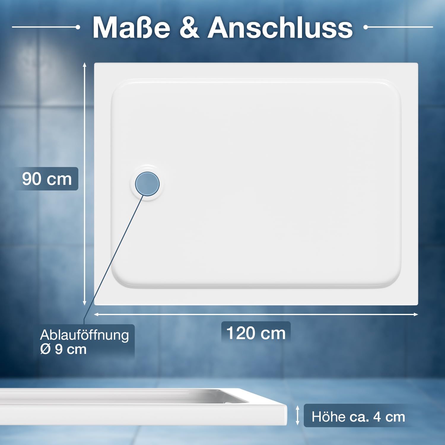 Piatto doccia 90 x 120 x 4 cm, in acrilico, 4 cm, piatto, bianco | Diametro 90 mm, foro di scarico, piatto doccia piatto da 4 cm, con pendenza, per piccoli bagni, ristrutturazione del bagno