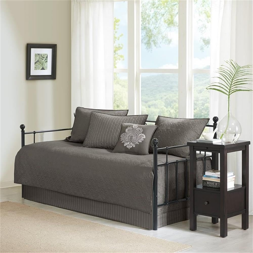 Pemberly Row Polyester Solid Brushed Reversible Daybed Cover Set in Gray