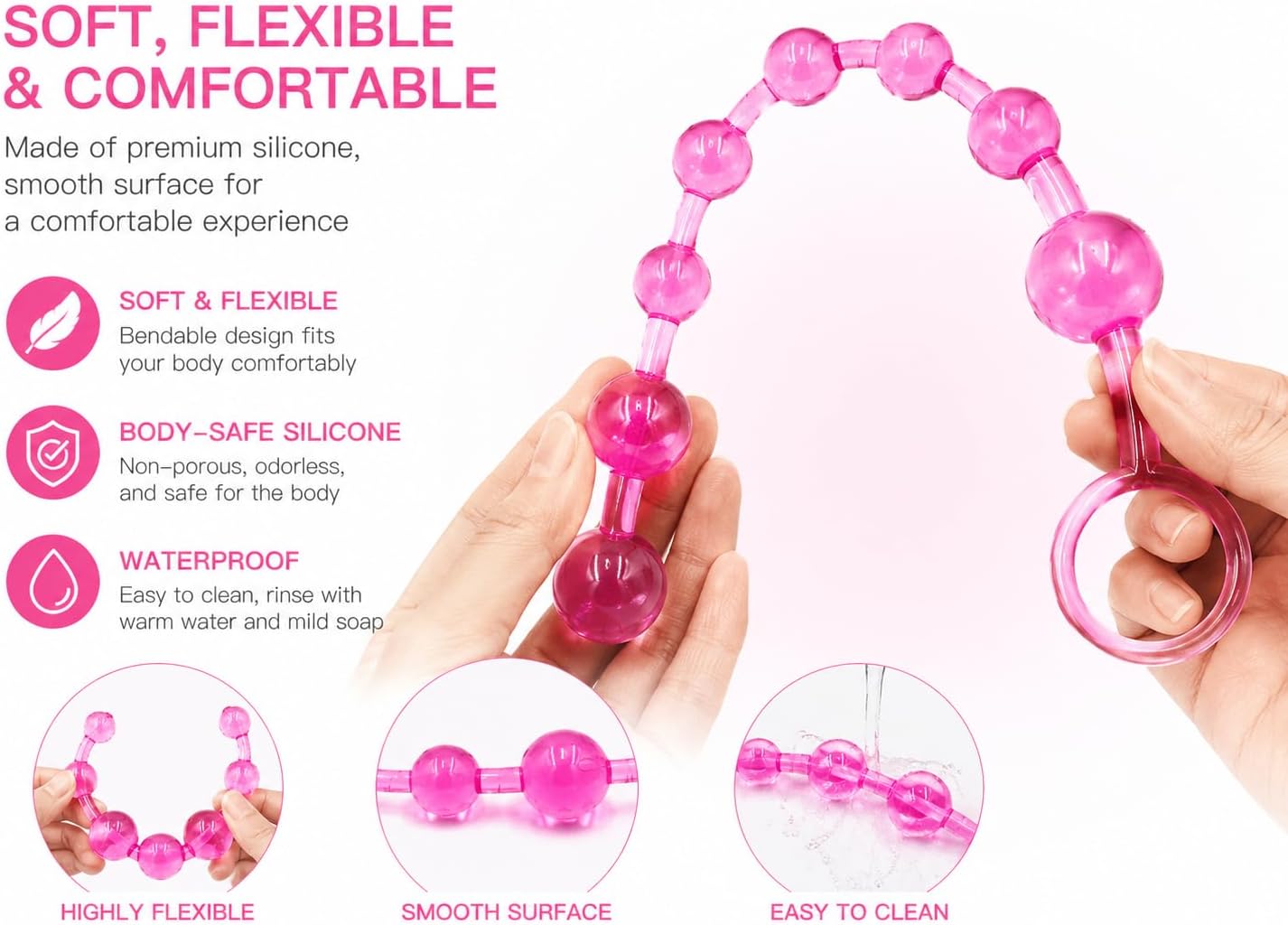 Product Title Graduated Anal Beads Sex Toys for Women Men, Silicone Butt Plug Prostate Massager with Pull Ring, Adult BDSM Bondage Sensory Beads for Couples, Pink