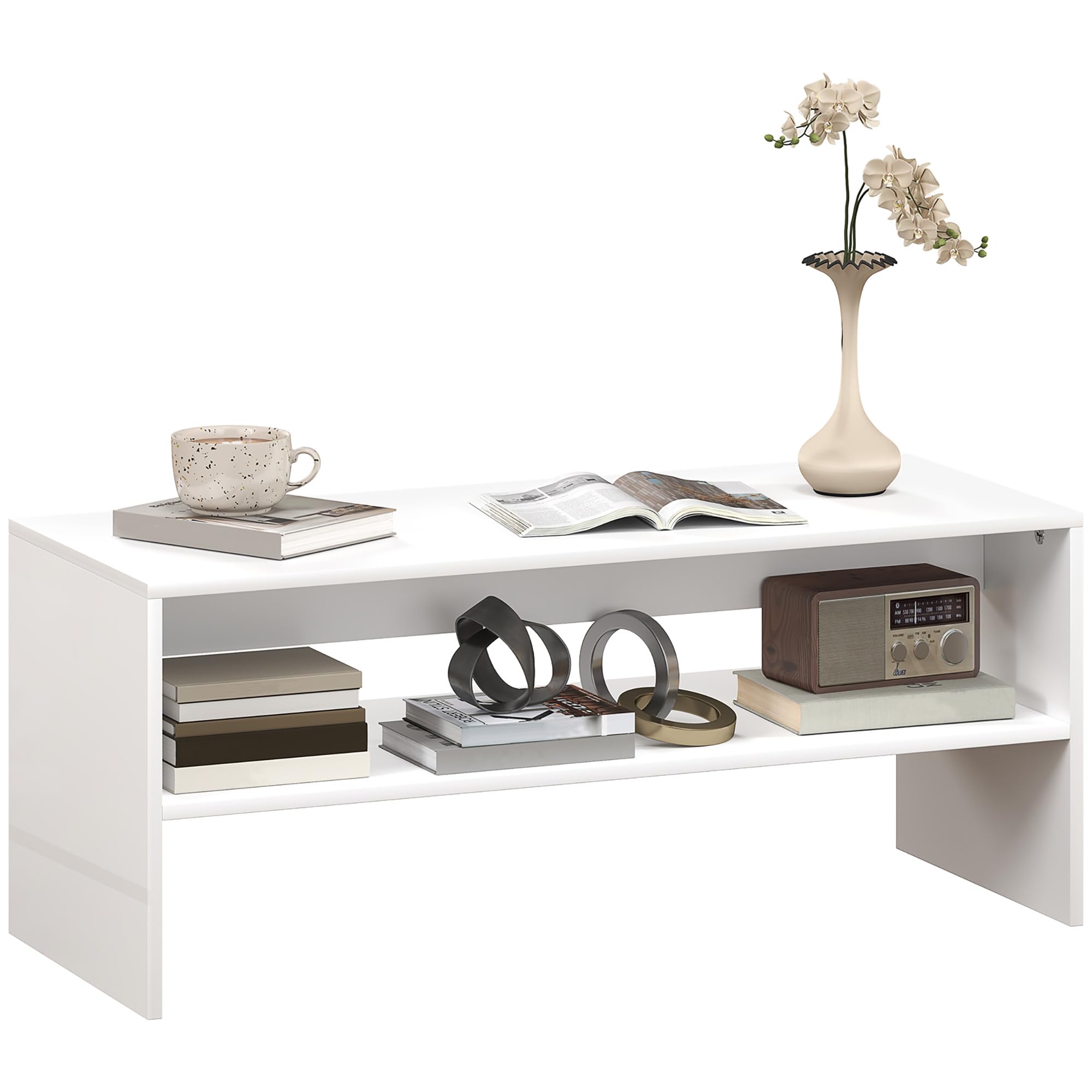HOMCOM Mesa de Centro Mueble Auxiliar con Compartimento Abierto Mesa de Café para Salón Comedor 100x40x41,5 cm Blanco Brillante