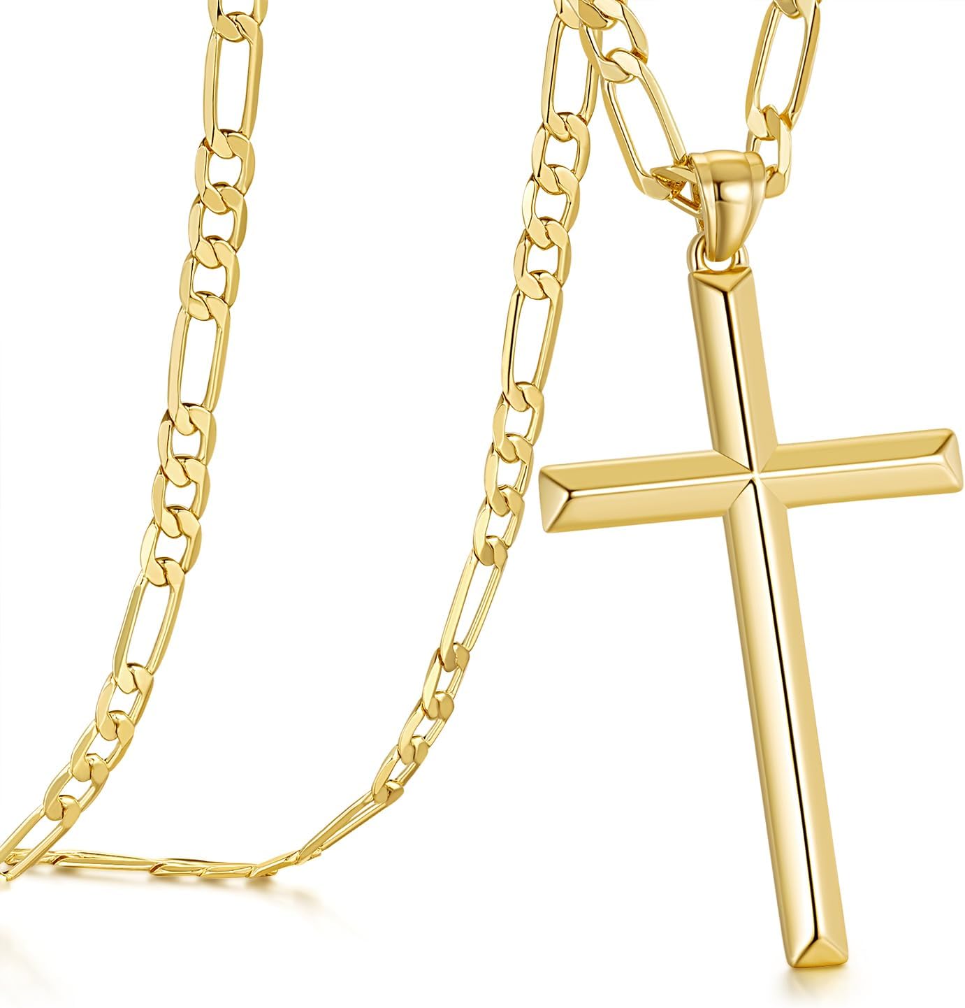 NICRET Gold Cross Necklace for Mens Necklaces Faithful Figaro Chain Gold Cross Pendant Timeless Elegance 20/22/24