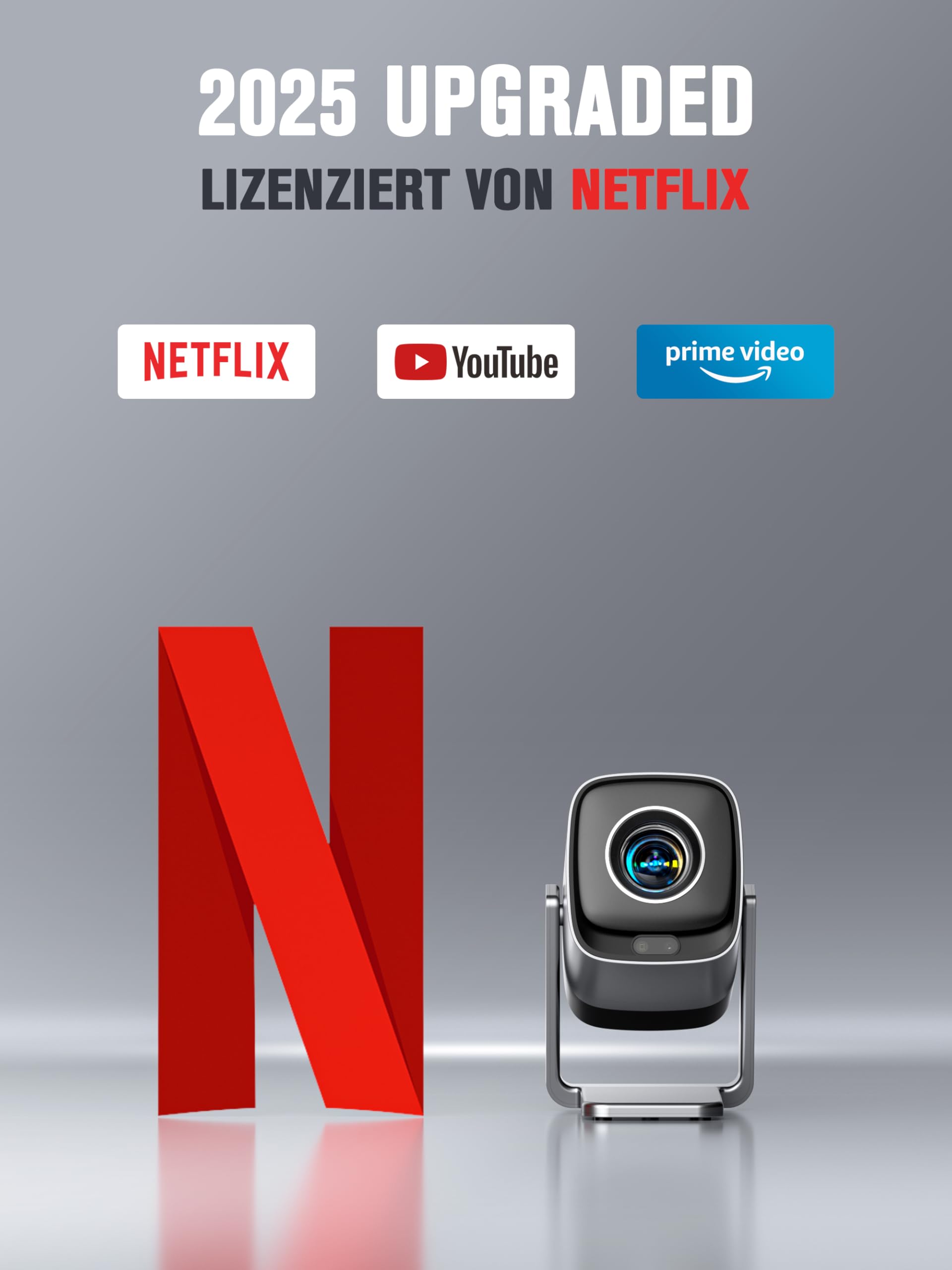 Smart Mini Beamer 4K Kompatibel mit Netflix & Dolby Audio, XuanPad 30000 Lumen Beamer mit TOF Autofokus & Trapezkorrektur, WiFi6 & Bluetooth, 210° Heimkino/Outdoor Silver Projektor für Handy/PC