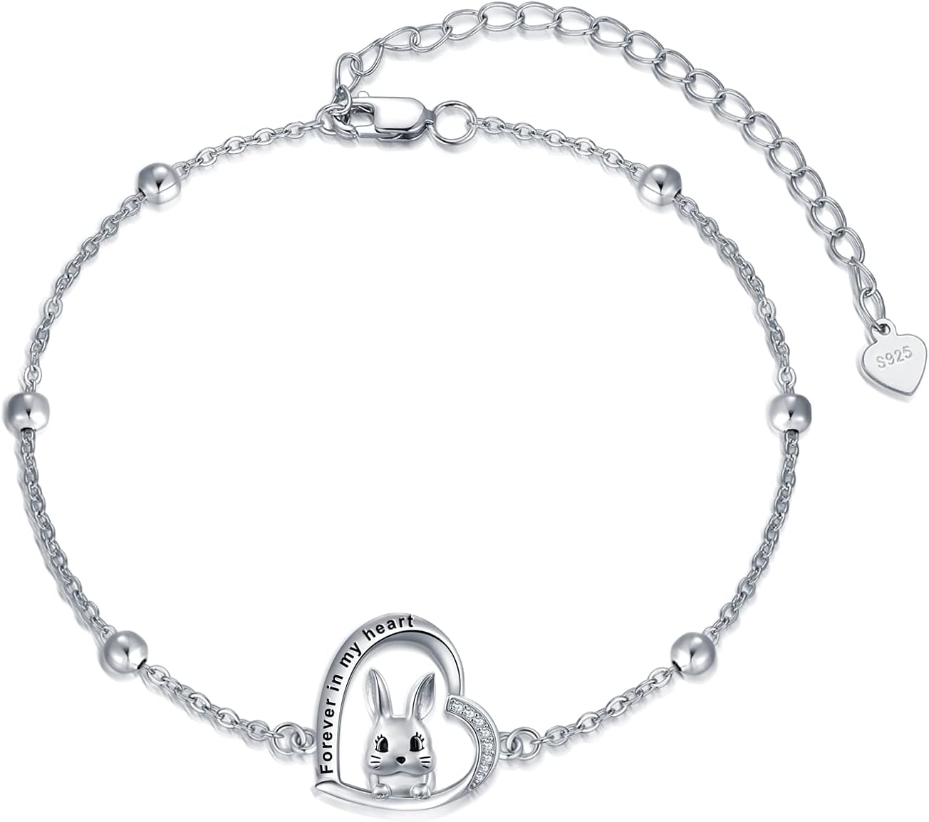 LONAGO Sterling Silver Rabbit Bracelet Animal Bunny Heart Charm Bracelet for Women