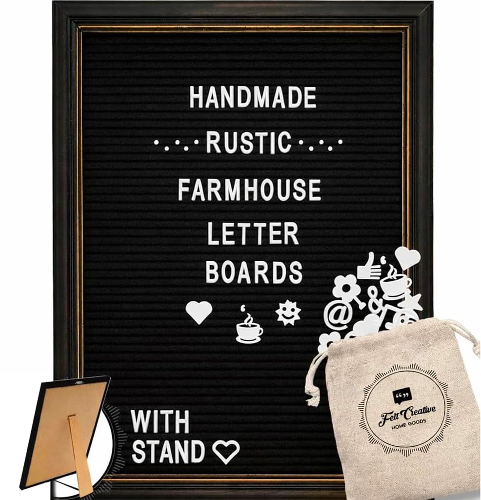 Large Black Felt Letter Board with Rustic Black Wood Farmhouse Vintage Frame and Stand by Felt Creative Home Goods 12x16 Inch Changeable Message Board 350 White Alphabet Letters, Numbers, Emojis — image 1