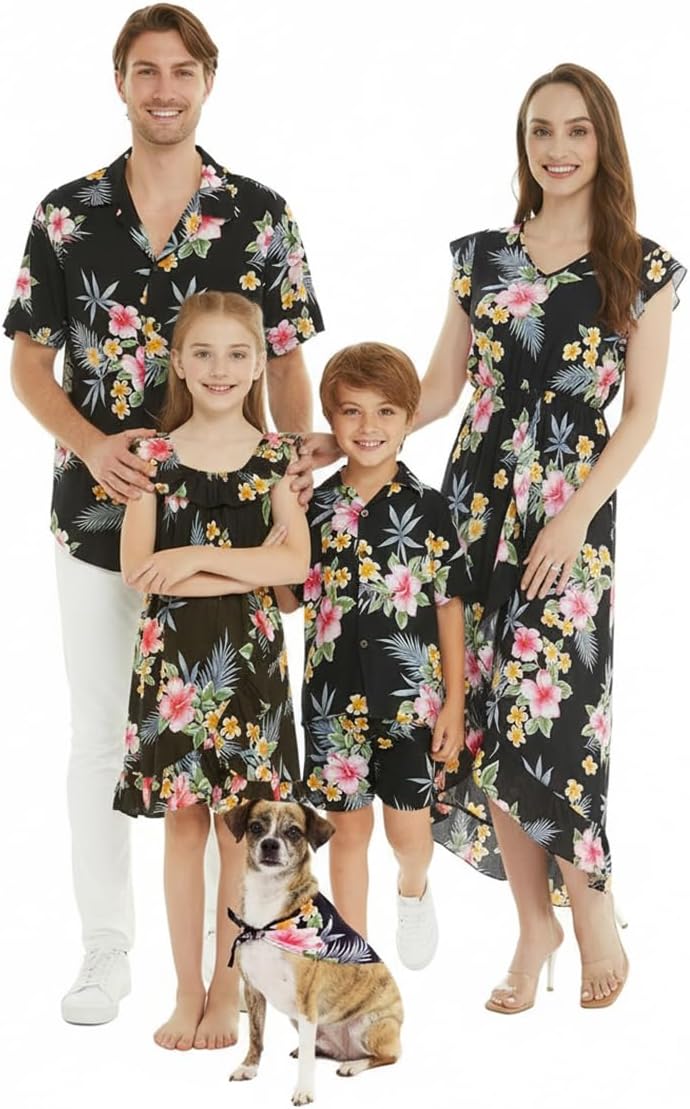 Matchable Family Hawaiian Luau Men Women Girl Boy Clothes in Hibiscus Black