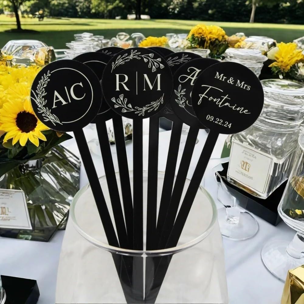 Gold Personalised Round Drink Stirrers Wedding Decorations, Custom Wedding Drink Favors, Custom Party Cocktail Stirrer, Cocktail Bar Last Name Wedding Decorations(30PCS)