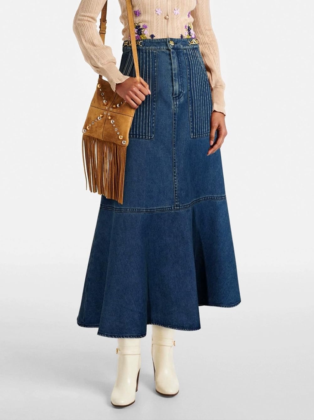 CHARTOU Women Ruffle Denim Maxi Skirt Casual Patchwork Flared High Waist A Line Long Jean Skirt