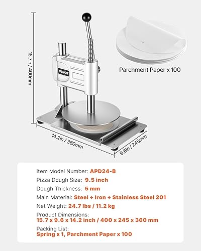 Miniatura 7 de VEVOR Máquina manual de prensa de masa de pizza, placa de prensa de pastelería de pizza de 9.5 pulgadas, prensa de pan de acero inoxidable, máquina
