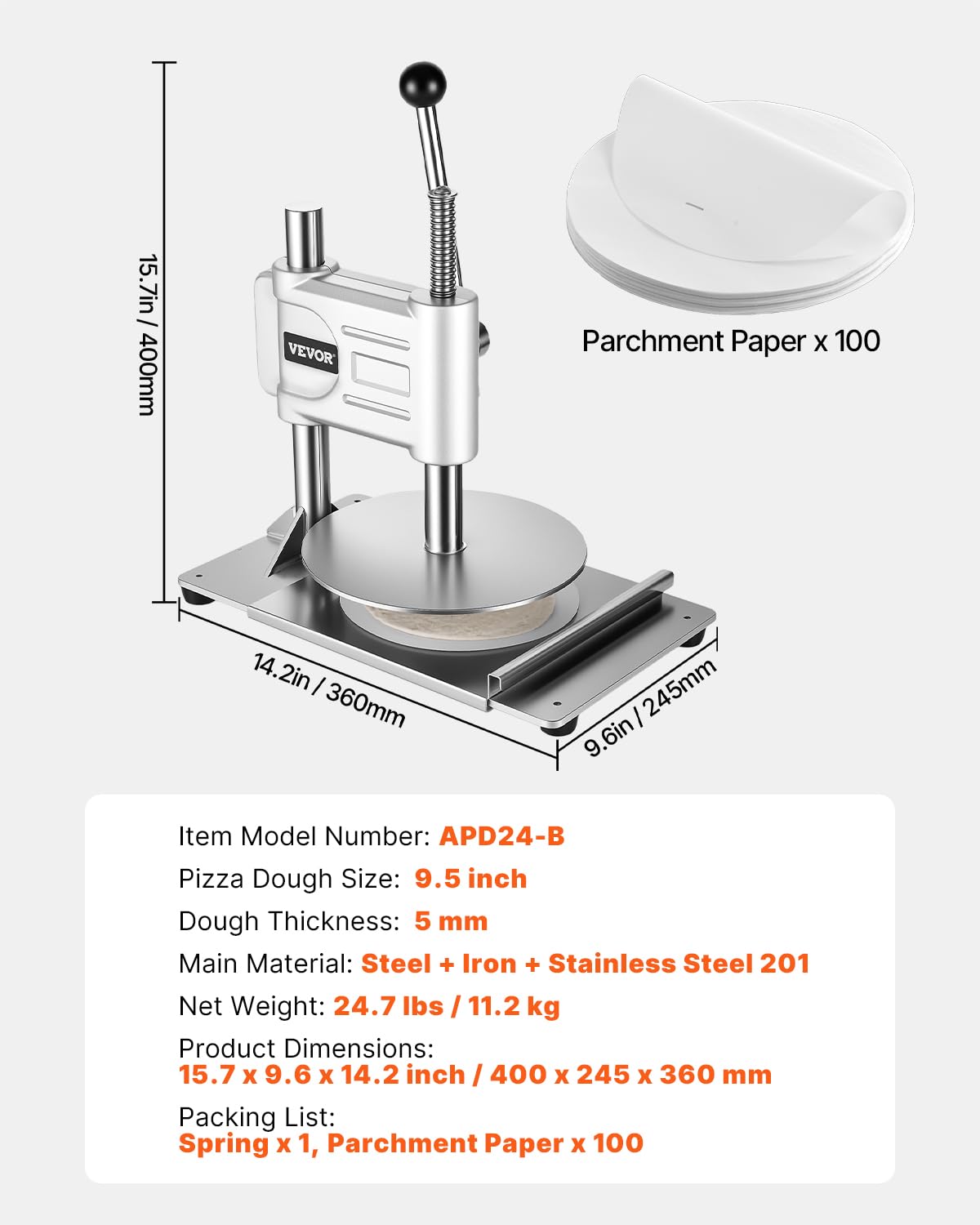VEVOR Macchina per Pressatura Manuale della Pasta per Pizza, Piastra per Pressatura della Pasta per Pizza in Acciaio Inossidabile, Macchina Formatrice con Maniglia e 100 Fogli di Carta da Forno