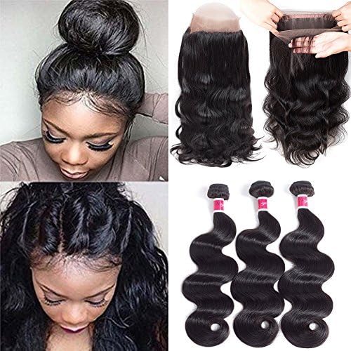 Funky girl Hair 8A Grade 360 Lace Frontal Closure With Bundles Brazilian Body Wave Virgin Hair Bundles With 360 Lace Frontal Unprocessed Human Hair With Frontal (18 18 18 with 16)