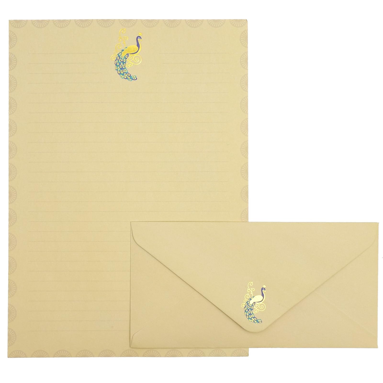 Paper Junkie Lined Peacock Stationery Paper and Envelopes Set, Gold Foil - 10.25x7.25 Inch (Pack of 48)