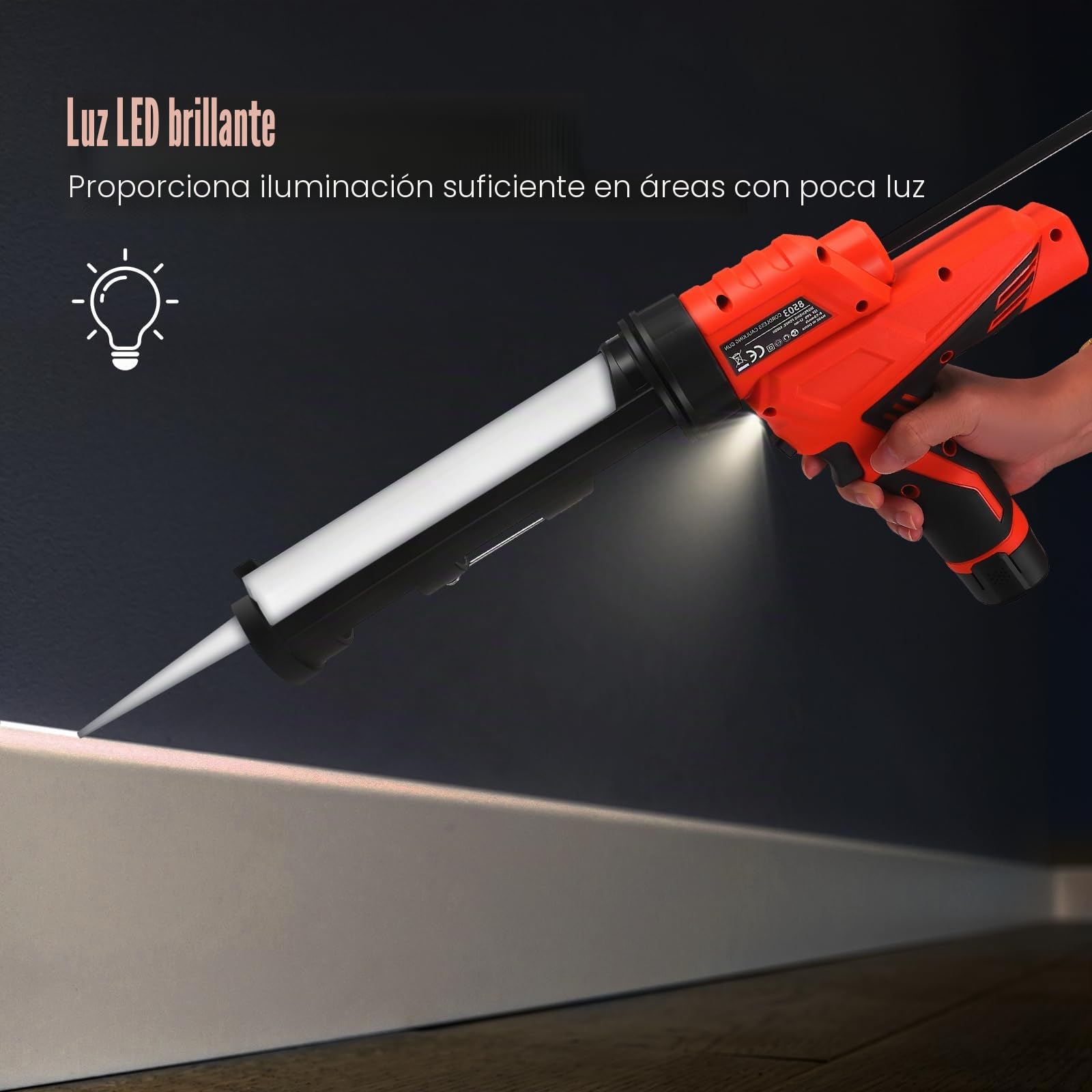 Pistola eléctrica de cartuchos con batería, pistola de cartuchos de 12V con 2 baterías, luz LED y 6 velocidades ajustables, pistola eléctrica de cartuchos de 300ml para sellado y masilla