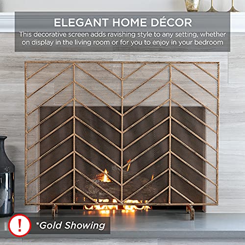 Best Choice Products 38x31in Single Panel Handcrafted Wrought Iron Mesh Chevron Fireplace Screen, Fire Spark Guard for Living Room, Bedroom Décor w/Distressed Antique Finish - Satin Black - Image 6