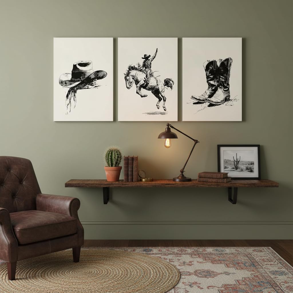 TEOVGKN 3Pcs Western Cowboy Canvas Wall Art, Vintage Black and White Sketch Pictures, Rustic Farmhouse Country Aesthetic Posters, FRAMED READY TO HANG (12x16 in)