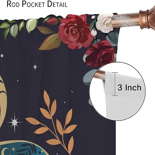 Miniatura 6 de Cortinas con temática de polilla de luna y estrellas, hermosas rosas rojas, luna de noche, jardín, hojas verdes, polilla, bohemia, gótica, para
