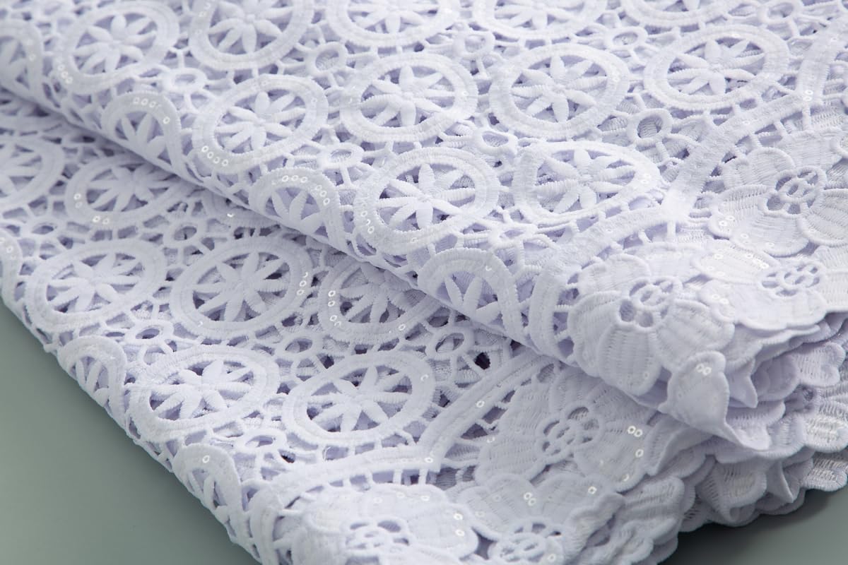 African Lace Fabric 5 Yards, Nigerian Solid White Jacquard Water Soluble Lace Fabric for Party Wedding Dress Sewing