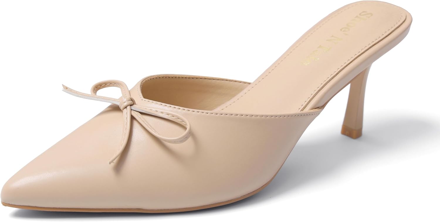 Shoe'N Tale Pumps for Women Kitten Heels Bow Heeled Sandals Closed Pointed Toe Slip-ons Dressy Stiletto Mules