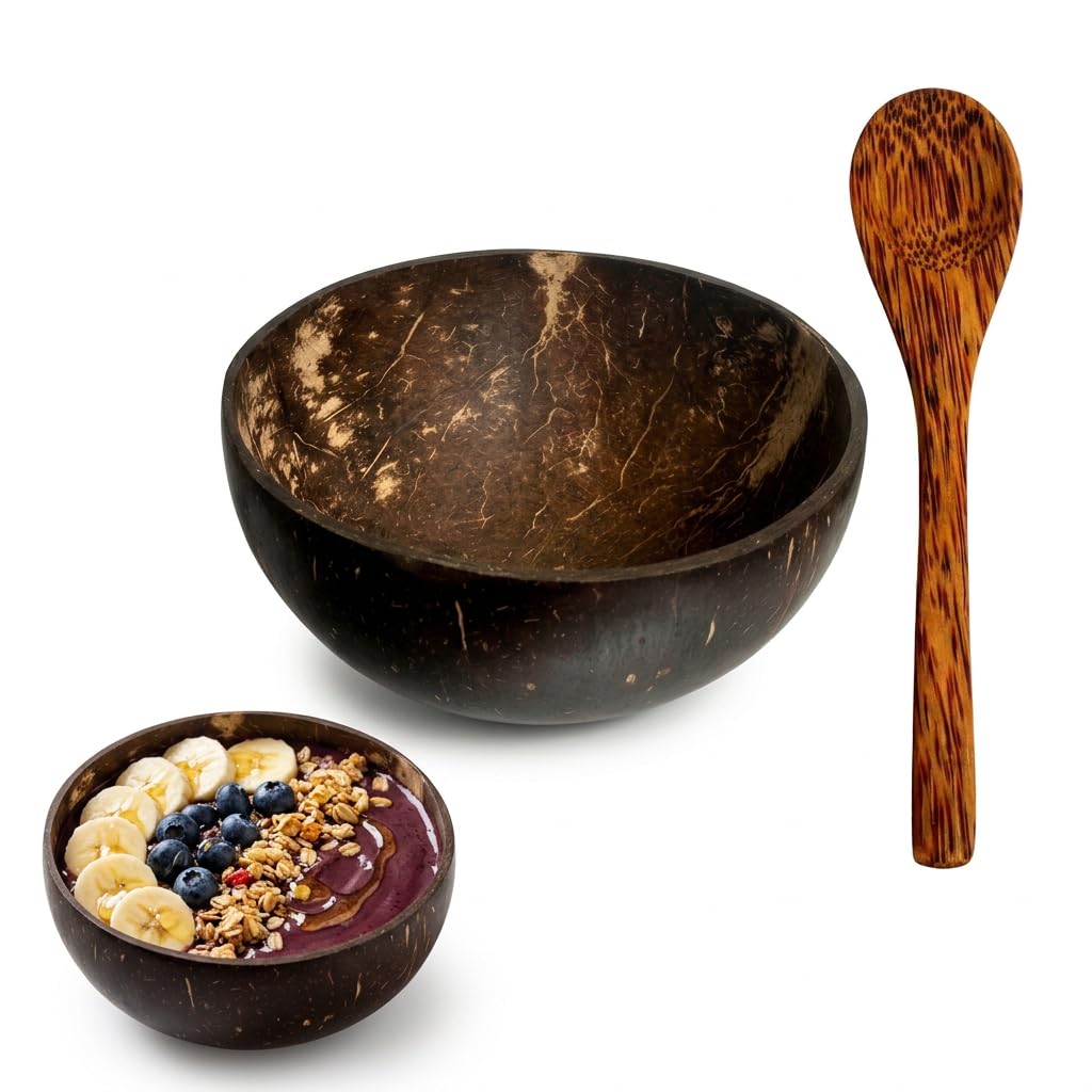 IAndhy Coconut Bowl with Wooden Spoon Set,Wooden Bowl,Handcrafted Coconut Shell Bowls,Natural Wooden Bowls for Food,Coconut Shell Acai and Smoothie Bowls,Sustainable Kitchen Storage