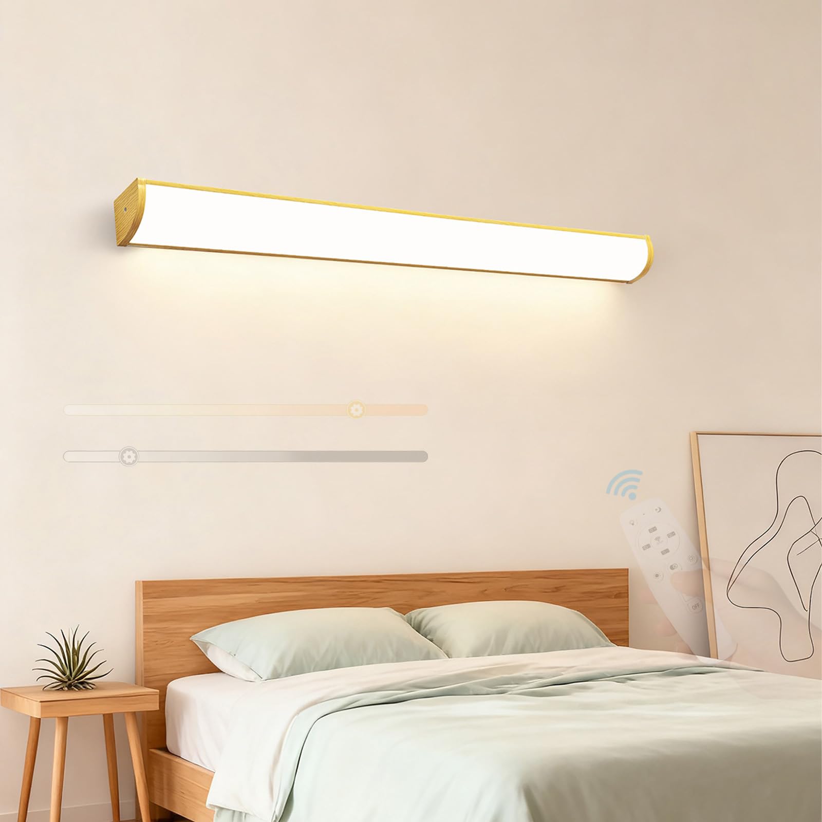 LED Innen Wandleuchten mit Fernbedienung Dimmbare Wandbeleuchtung Spiegelleuchte Modern Lange Aluminium Wasserdicht Wandleuchte Wohnzimmer Schlafzimmer Badezimmer Flur (Holzmaserung,120cm)