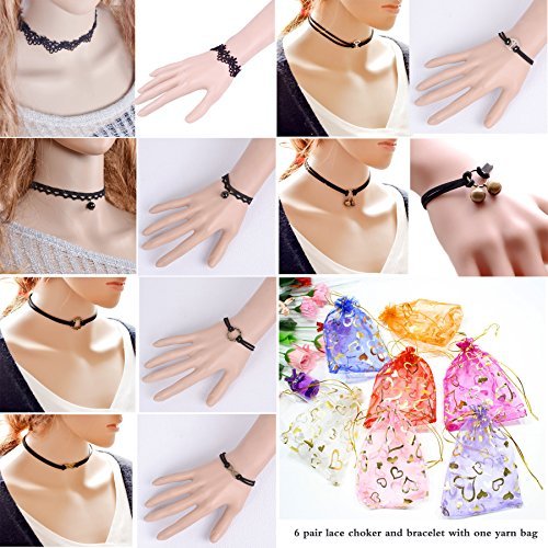 K&Q 12 PCS Women's Classic Black Velvet and Black Stretch Gothic Tattoo and Black Lace Choker Necklace and Bracelet (6 Pair Match Set)