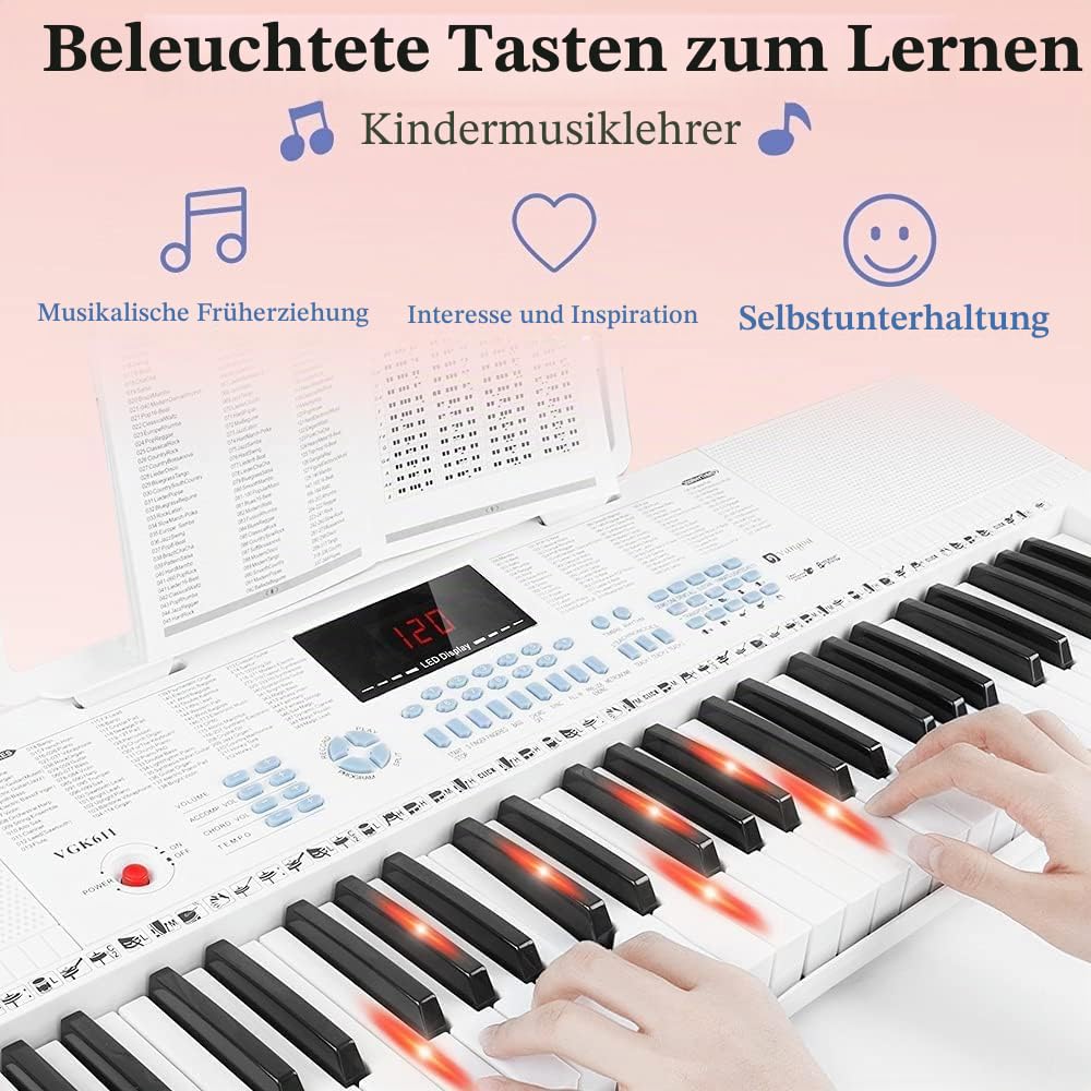 Vangoa Elektronische Klaviertastatur 61 Leuchttasten Tragbare Anfänger Musik-Tastatur Klavier, Notenständer, Mikrofon, 350Klangfarben, 350 Rhythmen, 30 Demos, Weiß
