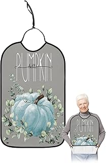 Adult Bibs for Elderly Women - Thanksgiving Waterproof Dining Clothing Protectors with Crumb Catcher for Eating/Feeding, Fall Farm Teal Pumpkin Eucalyptus Leaves Grey Terry Cloth Bib Washable