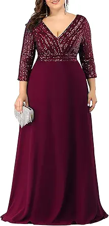 Women's Deep V-Neck Sparkle Plus Size Evening Dress with Long Sleeves 0751-PZ