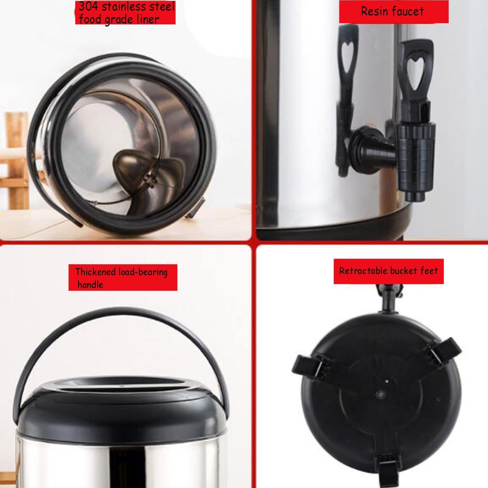 Distributore di Bevande Isolato, 6L/8L/10L/12L/14L/16L/18L/20L, Secchio Isolante per tè al Latte in Acciaio Inossidabile 304, distributore di Bevande Calde e Fredde, Commerciale e Domestico,