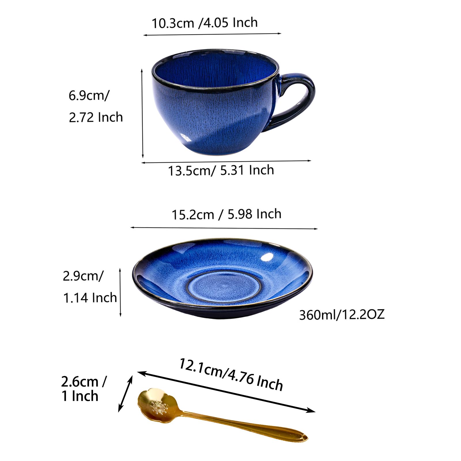 BOSILI 10 oz Ceramic Latte Art Cappuccino Barista Cup with Saucer and Spoon, Blue Porcelain TeaCups and Saucers Plates and Spoon, Drinking Cups for Breakfasts, Tea Parties, Afternoon Teas (Blus)