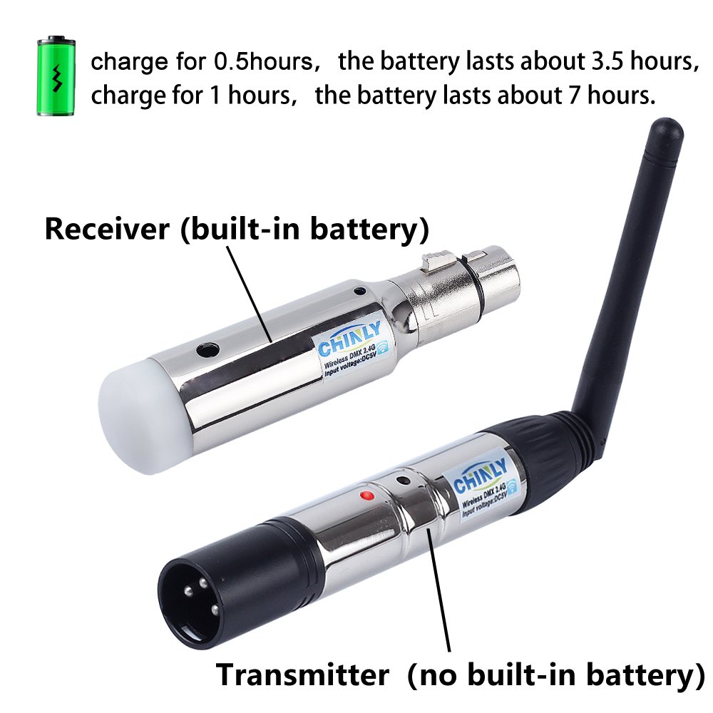 CHINLY DMX512 2,4G ISM 1 Sender und 5 Kabellose Empfänger Eingebauter Akku Wiederaufladbar für LED DJ Bühnen Bar Partylichter