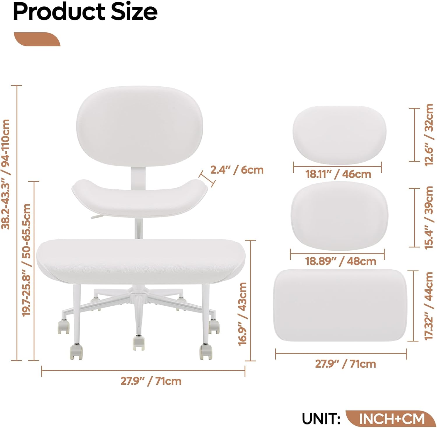 Cross Legged Office Chair with Wheels for ADHD, Ergonomic 360° Swivel Height-Adjustable Meditation Chair for Yoga, Wide Kneeling Chair with Strong Lumbar Support, PU Leather, Off White