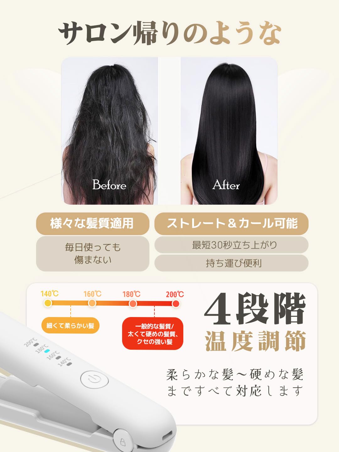 Amazon | ヘアアイロン ミニ USB充電式 持ち運び コテ 前髪 アイロン