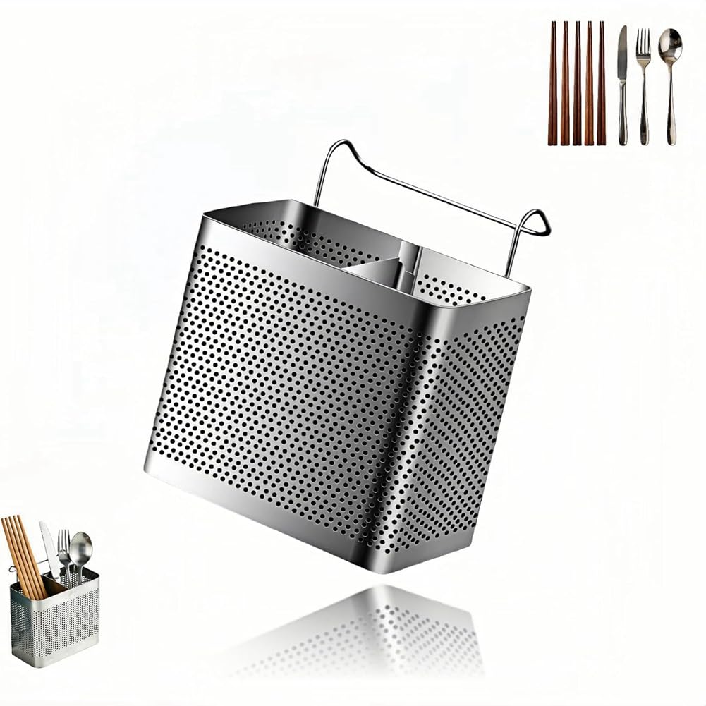 Aundhegrtt Cutlery Organizer for Kitchen Counter, 2-Compartment Utensil Holder with Hooks, Dishwasher Safe Flatware Drying Rack