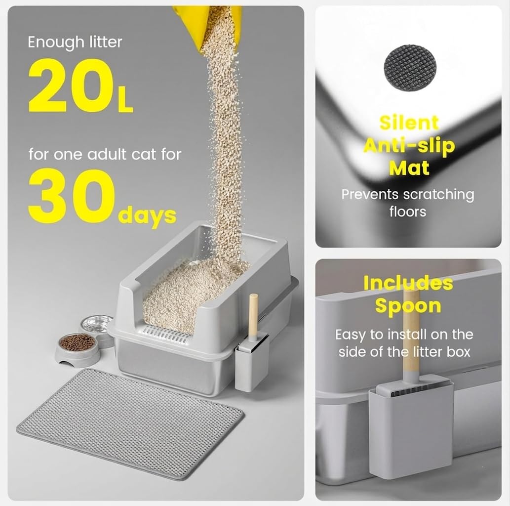 Stainless Steel Cat Litter Box - Enclosed XL Metal Kitty Litter Box with Lid for Big Cats, High Sided, Anti-Leakage, Easy Cleaning, Non-Sticky, Included Litter Mat, Cat Bowl & Spoon - image 2