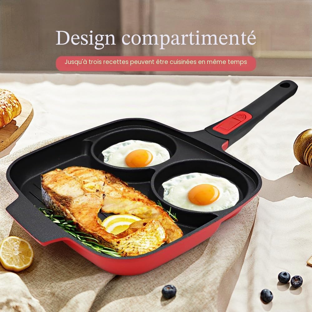 Poêle à Frire 3 Trous avec Couvercle 26 x 24 cm, Poêle à œufs au plat avec Poignée Amovible, Poêle Grill Antiadhésive 3 en 1 pour Petit-déjeuner