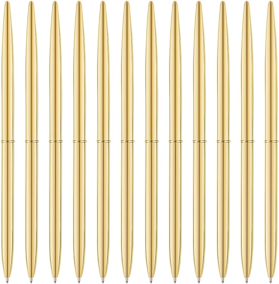 12 Pack Gold Ballpoint Pens - Bulk Fancy Metallic Retractable for Wedding Guest Book, Business Gifts & Office Supplies, 1.0mm Medium Point with Stainless Steel Refills