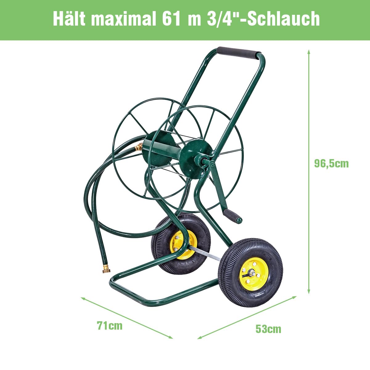 RELAX4LIFE Schlauchwagen für 61m 3/4" (19 mm) Schlauch, Gartenschlauchwagen Metall, Fahrbare Schlauchtrommel mit Ø 25cm Reifen 188 cm Anschlusschlauch, Schlauchaufroller für Garten, 71x53x96,5cm, Grün