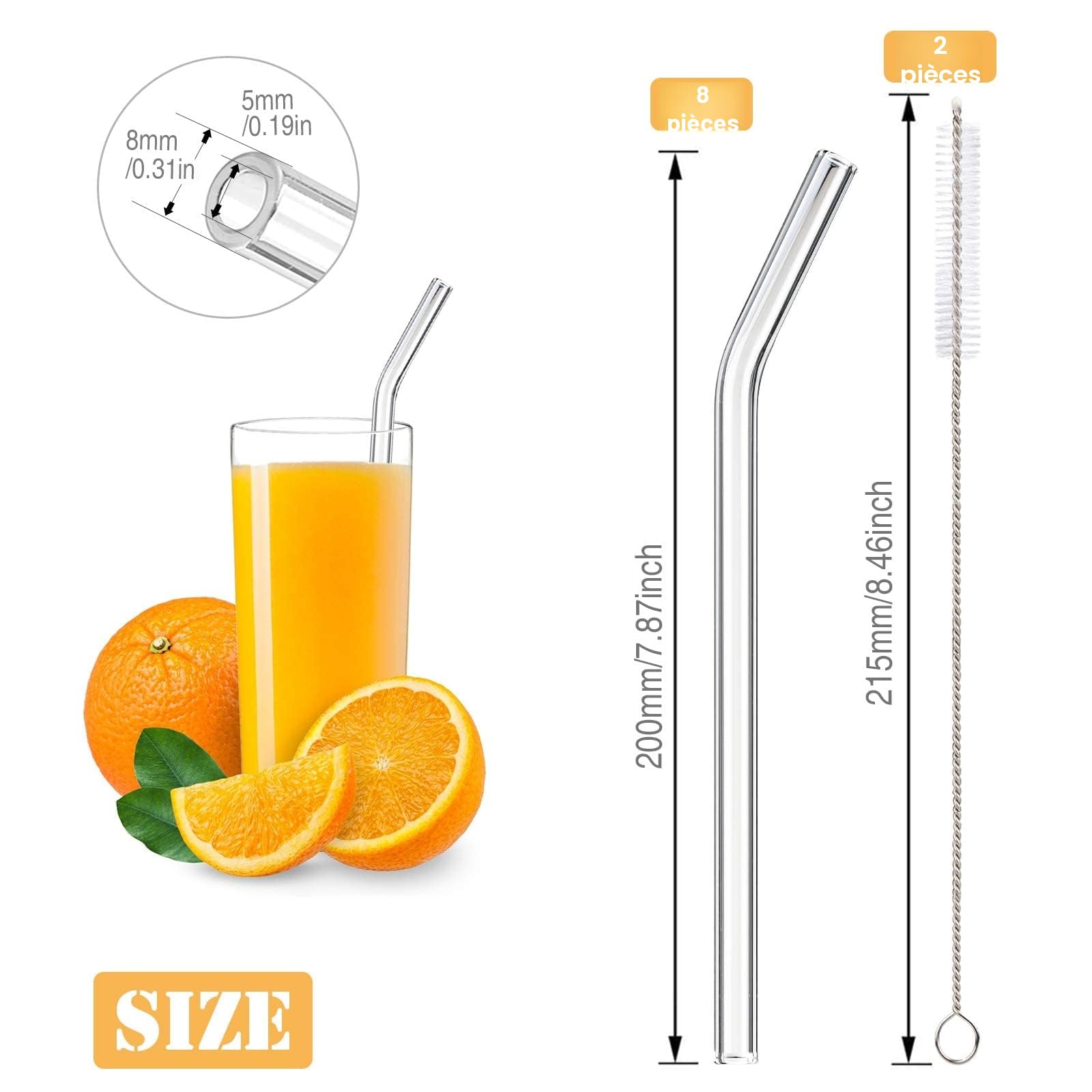 Pailles en Verre Réutilisables 20cm Transparente Courbée avec Brosses de Nettoyage
