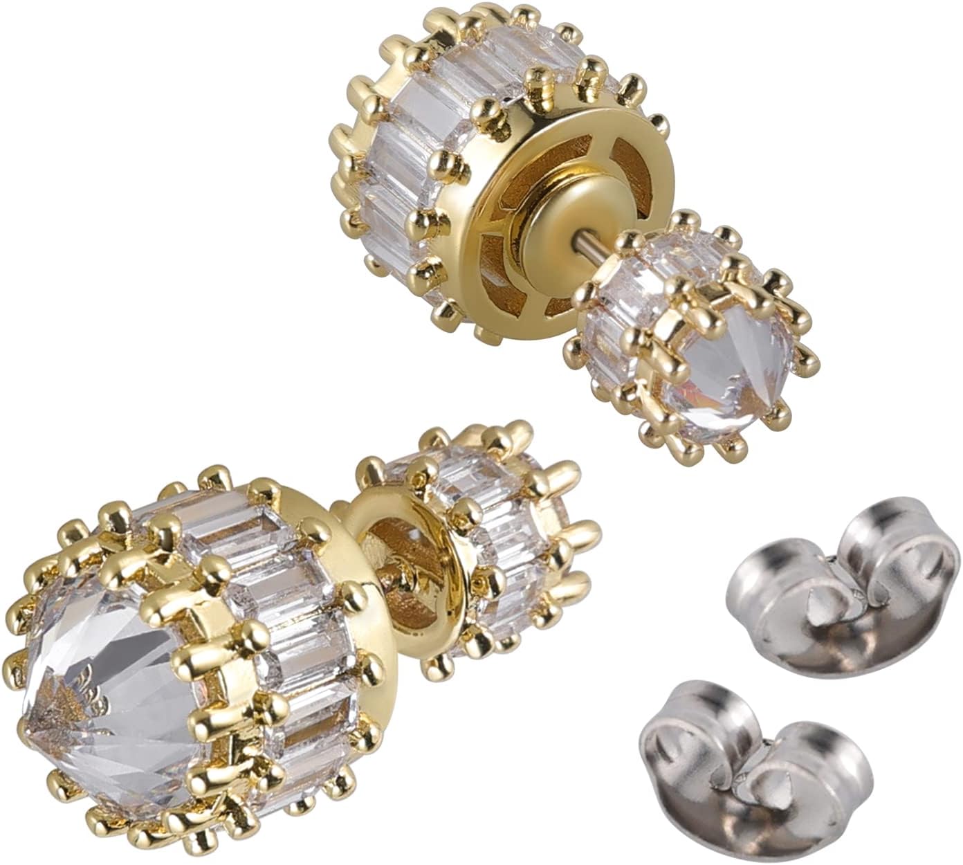Double Two Sided Cubic Zirconia Stud Earrings for Men Women, Reversible Gold Rhodium Plated Front Back Stud Earrings