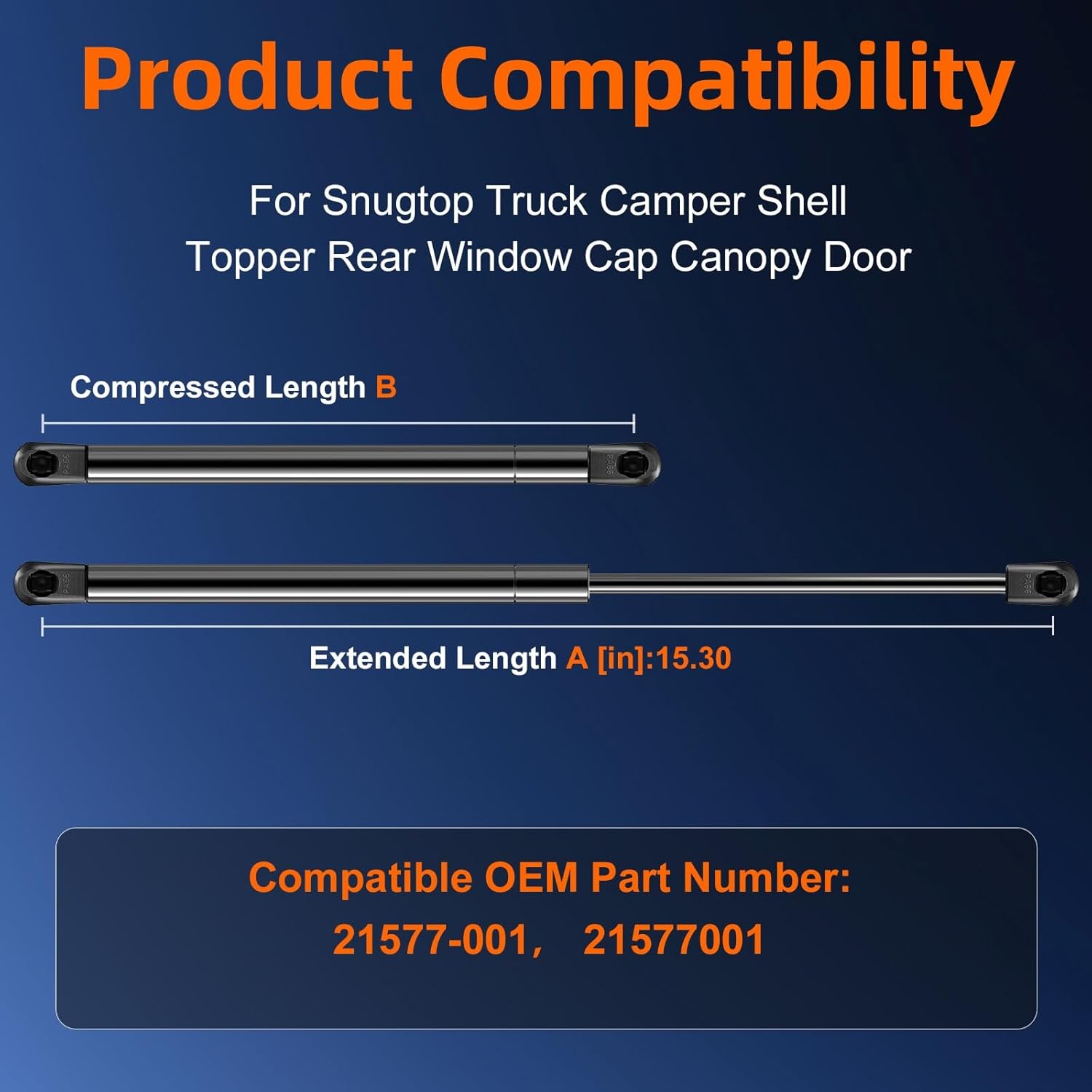 Qty (2) 21577-001 15.3 in Gas Strut Shock Spring Lift Support for Leer A.R.E Snugtop Truck Camper Shell Rear Window Topper Door Cap Canopy Replacement Parts Accessories