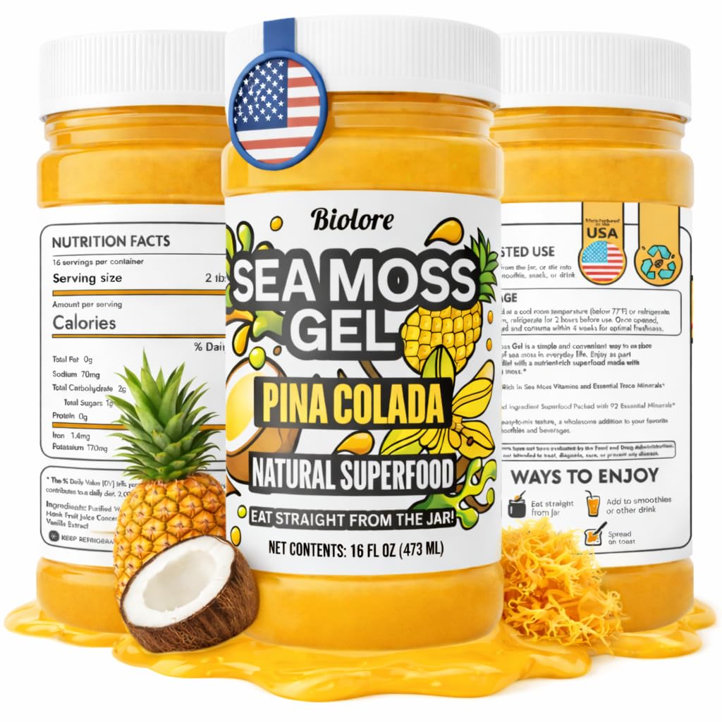 Biolore Pina Colada Sea Moss Gel 16 oz - No Added Sugar, Vegan, Made in USA - Wildcrafted Sea Moss Superfood with 92 Essential Vitamins - Ready to Use, No Prep Needed