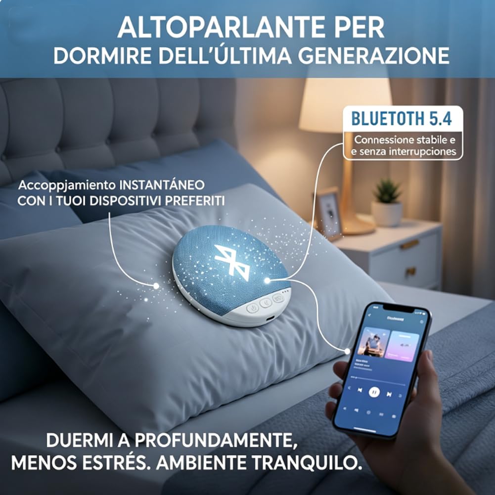 Altoparlante Sotto Cuscino Ultrasottile – Mini Wireless Ricaricabile USB, Per Dormire Con Suoni Rilassanti, 20h Di Batteria