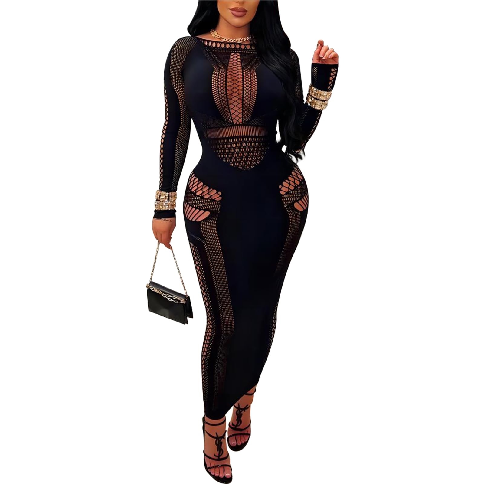 Womens Sexy Hollow Out Long Sleeves See Through Club One Piece Mesh Bodycon Maxi Dress