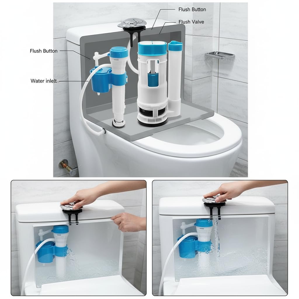 Sistema de descarga de inodoro de repuesto, Wieat Kit de cisterna de inodoro de doble descarga, botón pulsador para baño doméstico, válvula de llenado ajustable azul, adecuado para depósitos con una