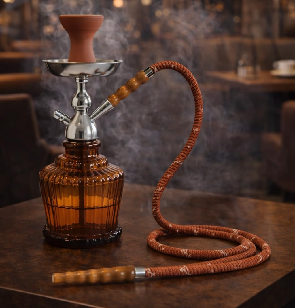 Heavy QT Hookah with Designer Aluminium Stem, 14 Inch Glass and Steel Bowl Set, Perfect for Party (Coffee Brown)