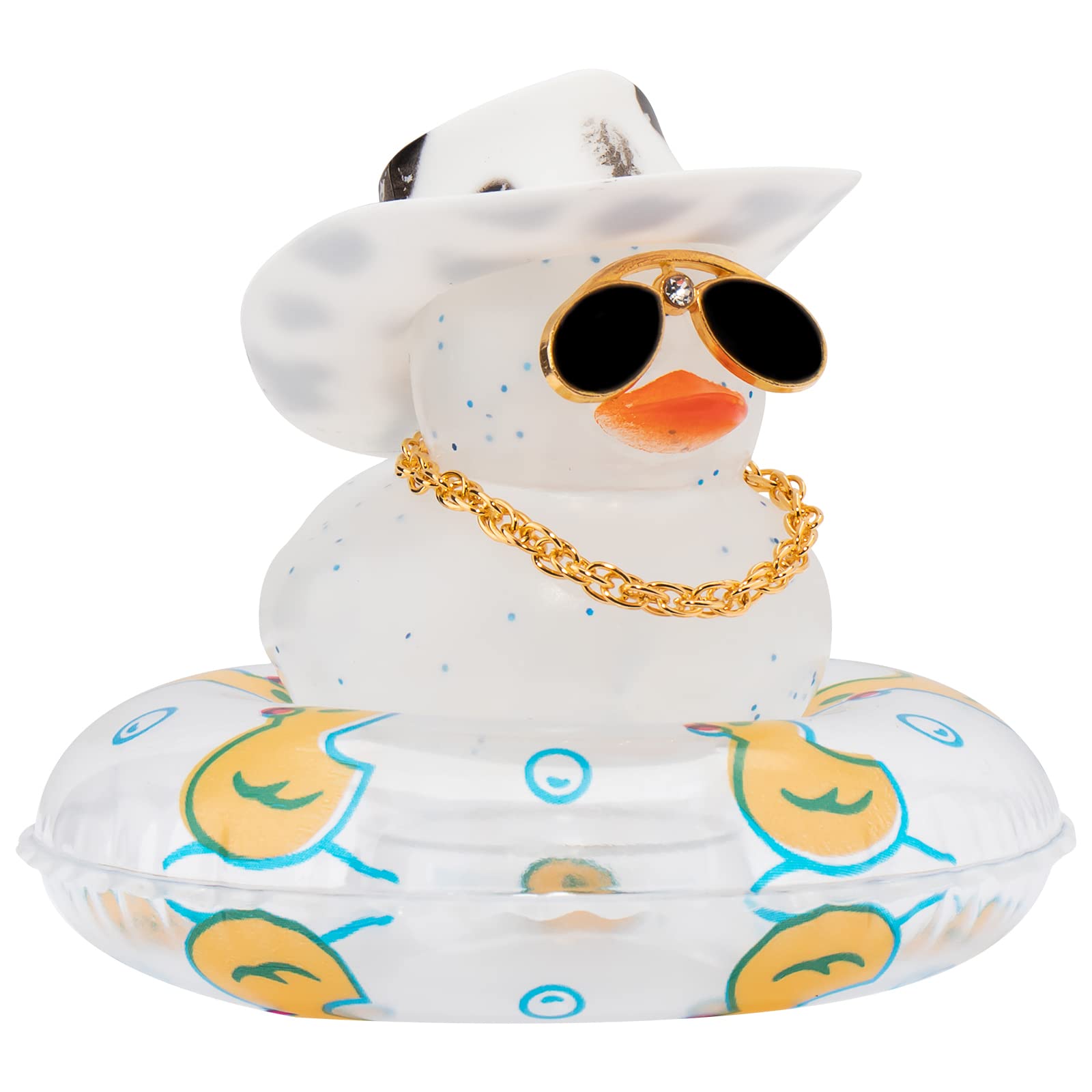 wonuu Dashboard Decoration Rubber Duck, for Car Ornament Accessories with Cowboy Hat Swim Ring Necklace Sunglasses, Z Glitter Transparent&Cowboy White Spots&Chain