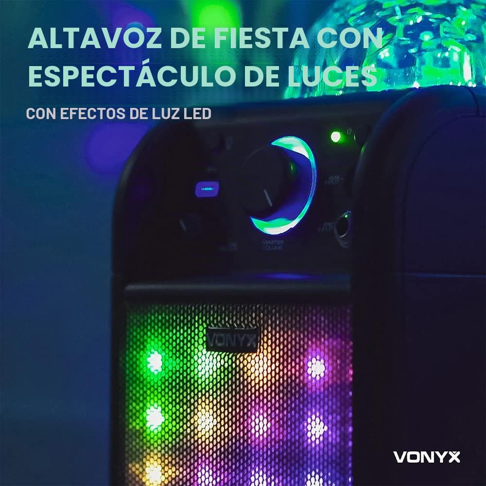 Vonyx SBS50B_Plus Altavoz portátil Set de Karaoke para Fiesta con micrófono y Efecto Eco, Bluetooth, Bola de Discoteca con Efectos de Luces LED y Efectos Luminosos Frontales - Negro